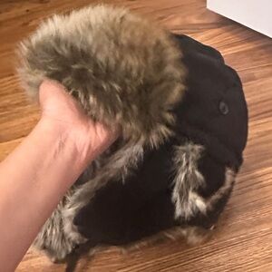 Women's Black and Brown Fur-Trimmed Hat